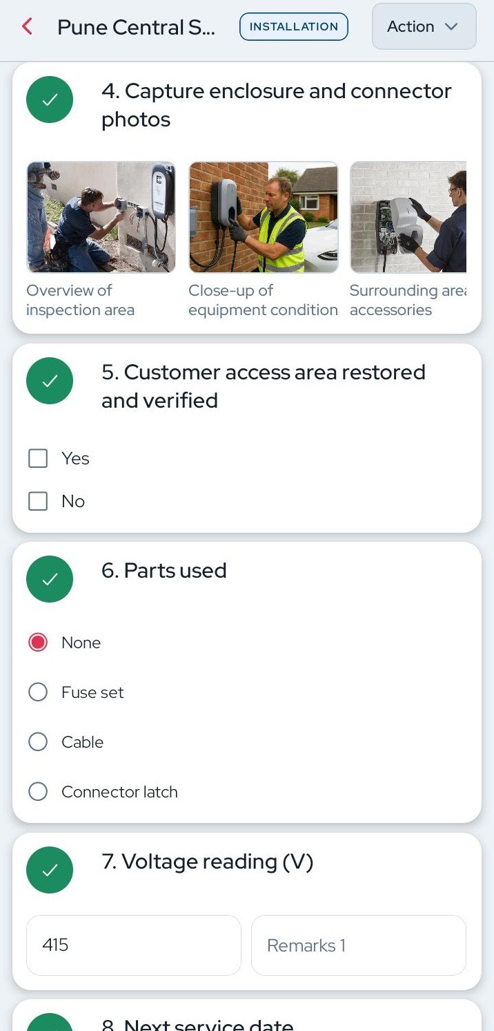 R-One mobile app installation checklist for Pune Central Station, with enclosure and connector photos, a customer access check, parts used and a 415 volt reading, each step marked complete