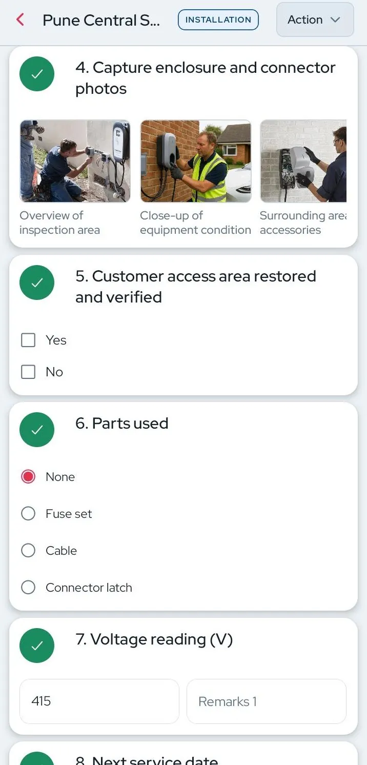 R-One mobile app installation checklist for Pune Central Station, with enclosure and connector photos, a customer access check, parts used and a 415 volt reading, each step marked complete
