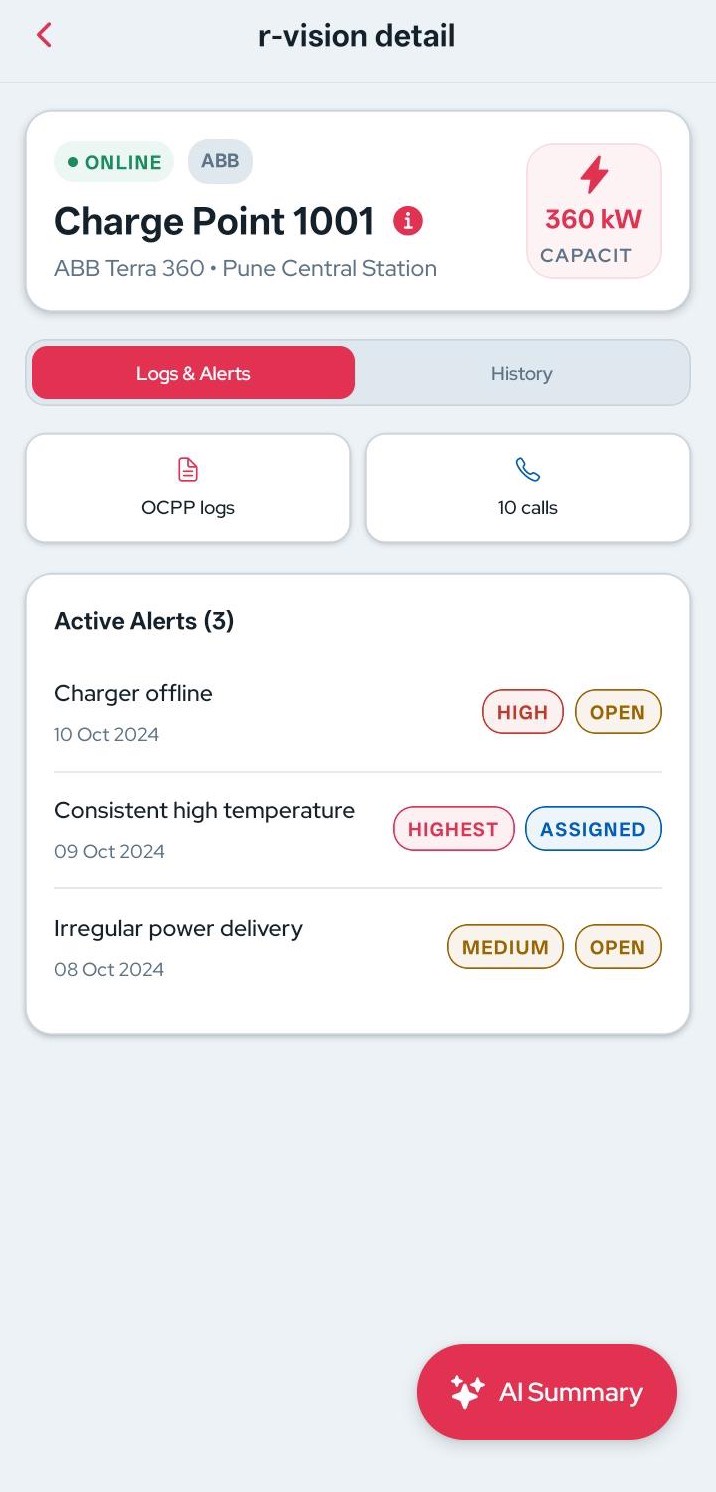 R-Vision in the R-One mobile app for Charge Point 1001, an ABB Terra 360 at Pune Central Station, shown online with three active alerts, OCPP logs and an AI summary button