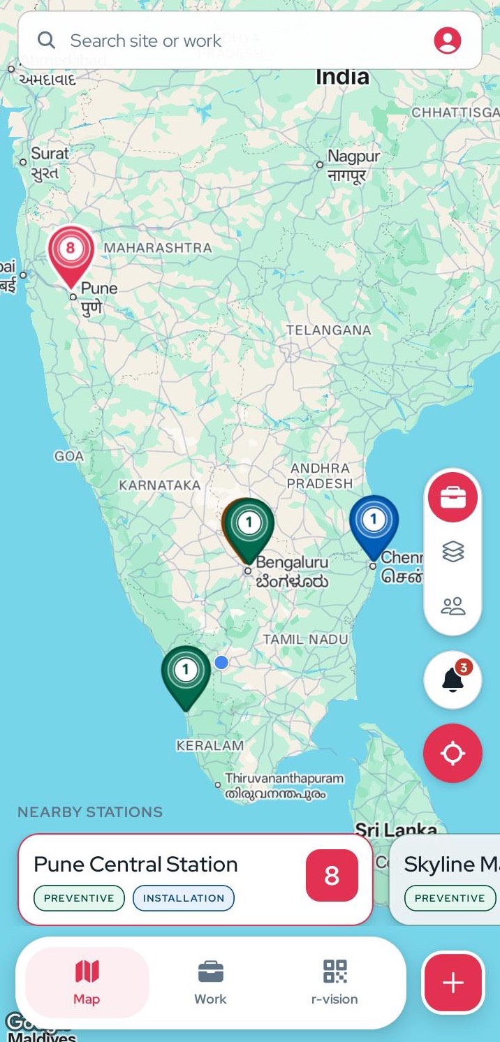 R-One mobile app map of charging sites with job counts, showing Pune Central Station with 8 items and tabs for Map, Work and R-Vision