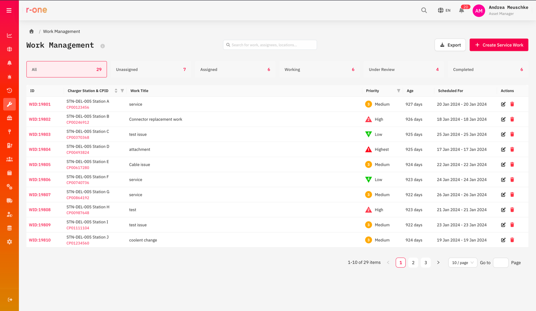 Iris R-One work management queue with maintenance jobs by charger, priority, age and schedule